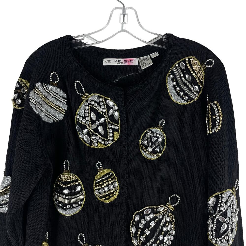 Michael Simon 1991 Christmas Ornaments Cardigan Black Ugly Sweater Size M - Picture 5 of 11